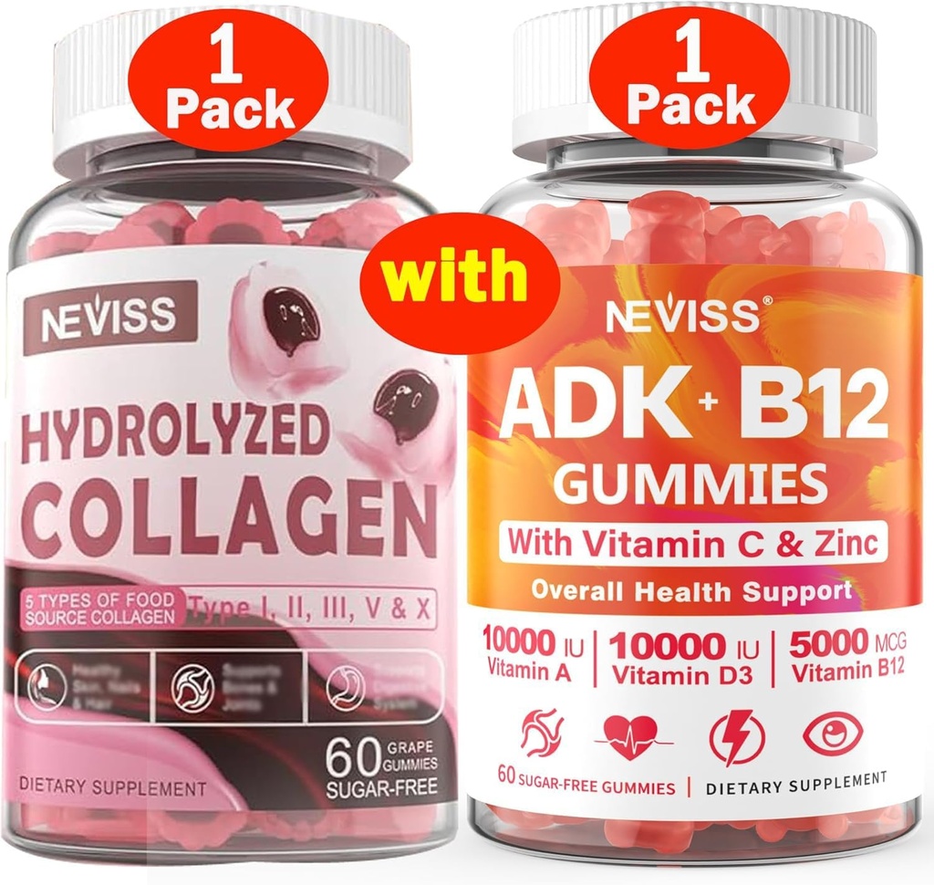 NEVISS 1Pack Gommies de collagène hydrolysées + 1Pack Vitamine ADK avec Gommies B12
