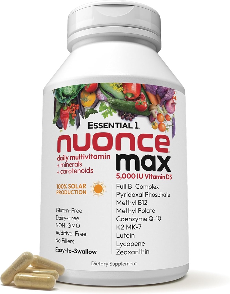 ANDREW MOINSMAN Essential-1 nuonce max Multivitamine 5000 UI Vitamine D3 180 Petites Capsules. 100 mcg Méthyl B12. CoQ10 Lutéine Lycopène Zeaxanthin. Haute puissance. Pas d'additifs. Une gélule quotidienne ultra-mince