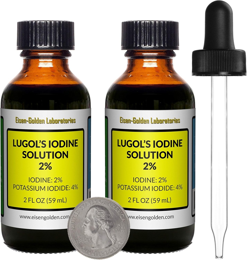 Iodine de Lugol / Solution de 2% / 4 Oz dans deux bouteilles en verre ambre/Droppers gratuits/USA