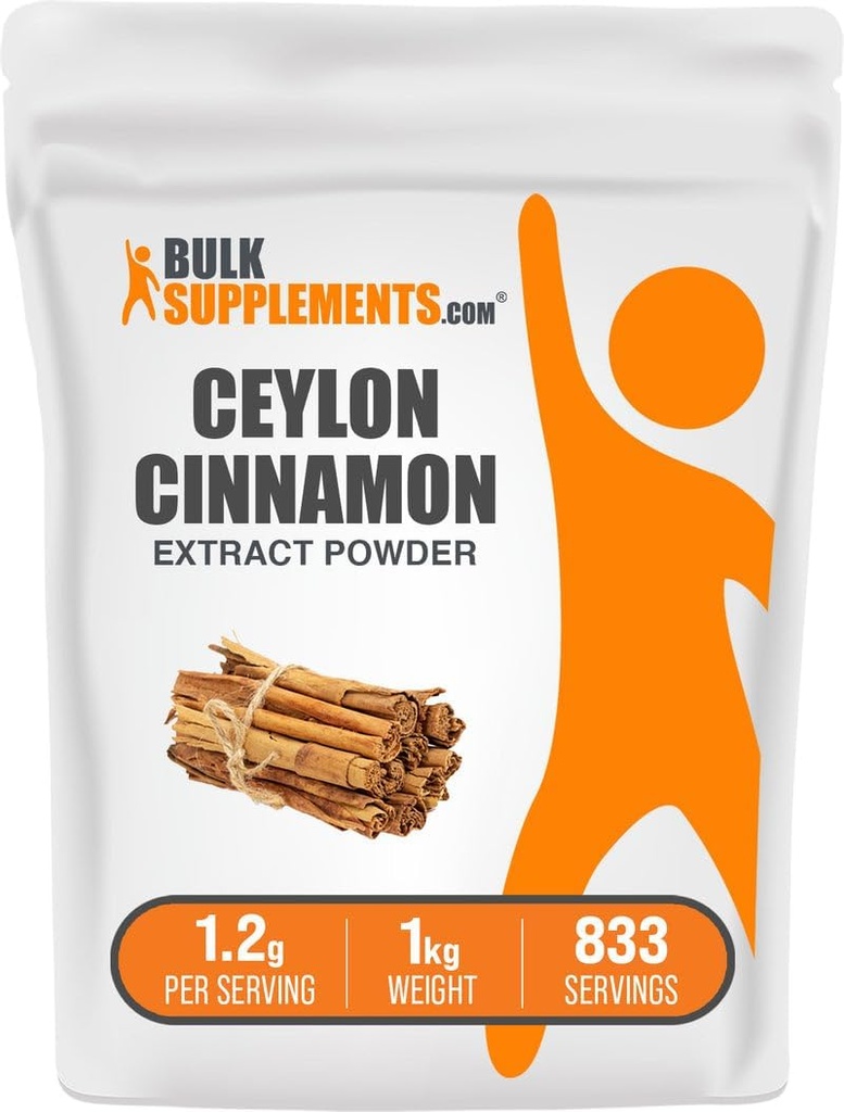 BulkSupplements.com Poudre d'extrait d'écorce de cannelle - supplément de cannelle de Ceylan, supplément à base de plantes - végétalien et sans gluten, 1,2g par portion, 1kg (2,2 lbs) (paquet de 1)