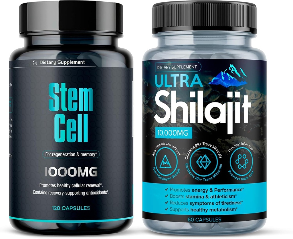 Premium Stem Cell 1000mg(120Ct) & Shilajit Supplément 10 000mg(60Ct) ► Booster de Vitalité Pack de 1 000mg(120Ct) stimule l'immunité et l'énergie