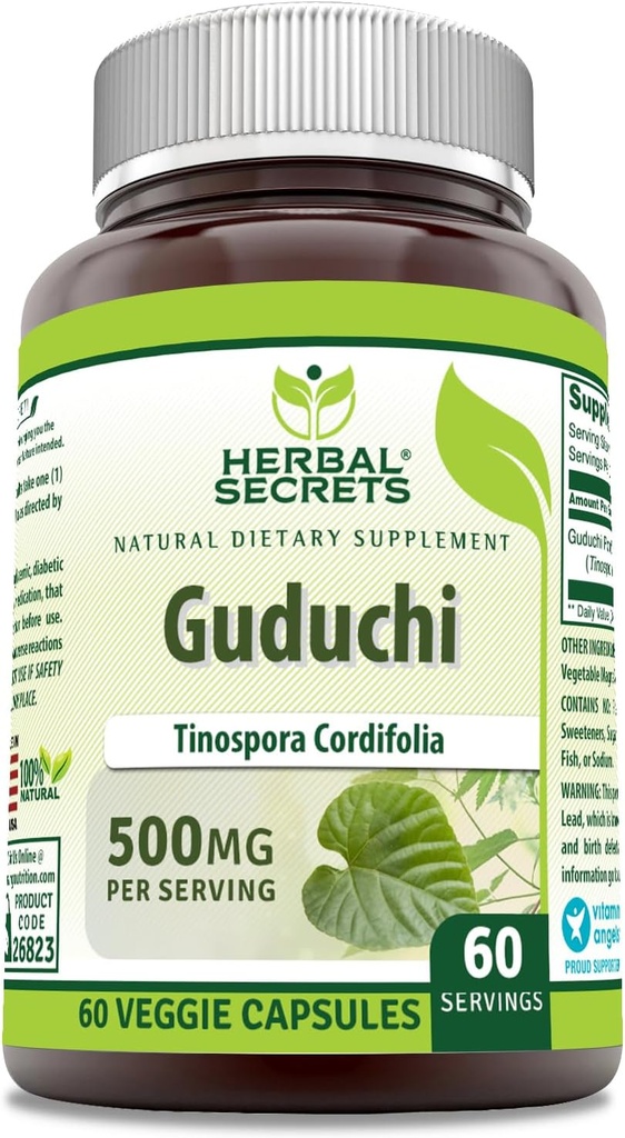 Secrets à base de plantes Guduchi (Tinospora Cordifolia) Supplément : 500 mg Capsules de légumes non-OGM (sans gluten) Fabriquées aux États-Unis (1 paquet de 60 comprimés)