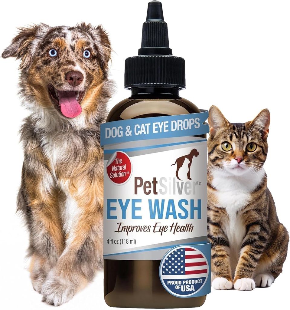 Les gouttes d'œil PetSilver pour les chiens et les chats - Laver les yeux de chien naturel - Relief pour l'inflammation et l'irritation - Nettoyeur des yeux et détachant les taches de chien - Formule en argent breveté - Fabriqué aux États-Unis - 4 fl oz