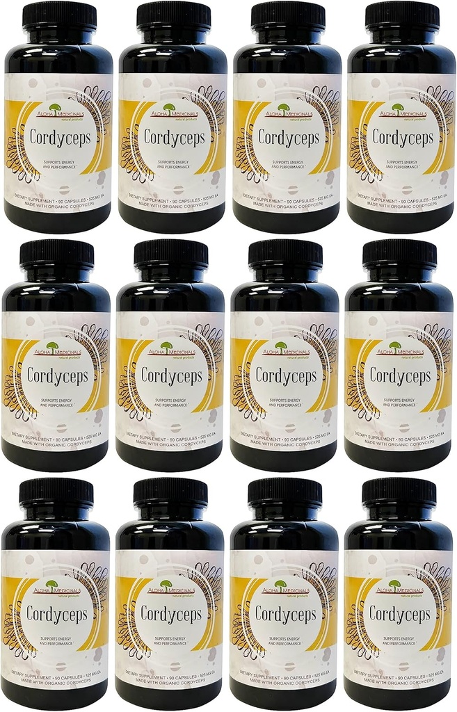 Aloha Medicinals Pure Cordyceps, Certified Organic Mushroom Supplement, Supports Immunity and Energy, Pack of 12, 90 Capsules Each