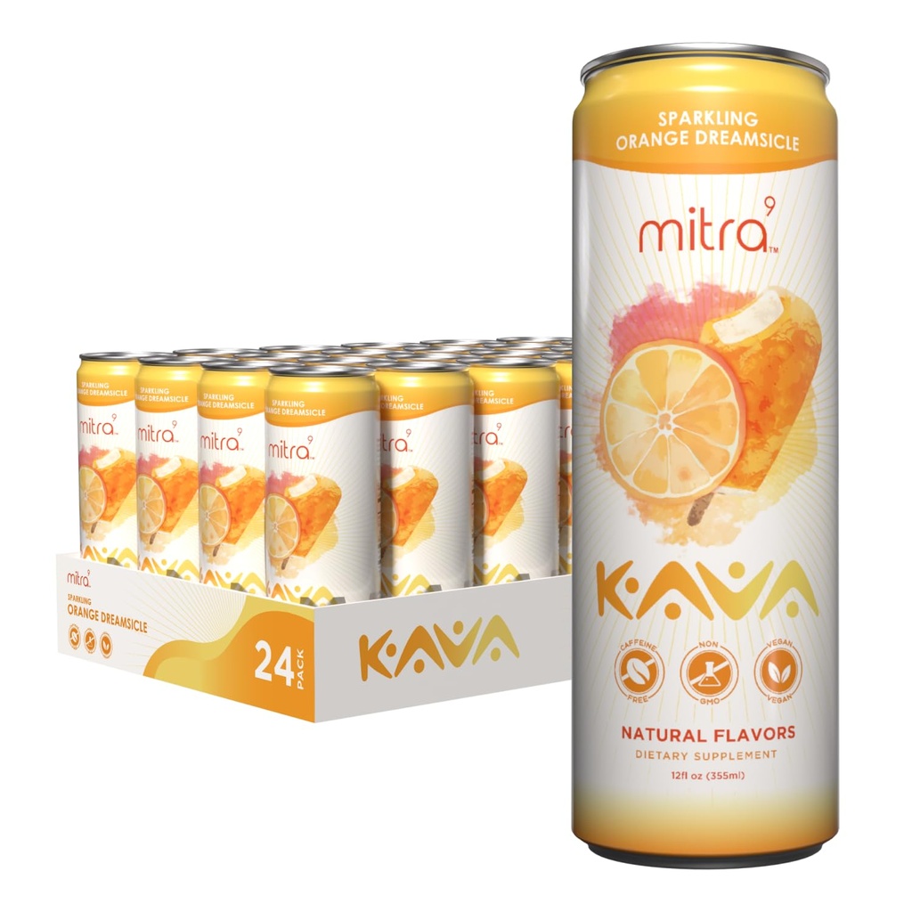MITRA-9 Boissons botaniques - Orange Dreamsicle Sparkling Kava boisson avec extrait de racine de kava - Enhancer d'humeur - Basé sur les plantes - favorise le calme naturel et la clarté (12 Fl. Oz) (24)