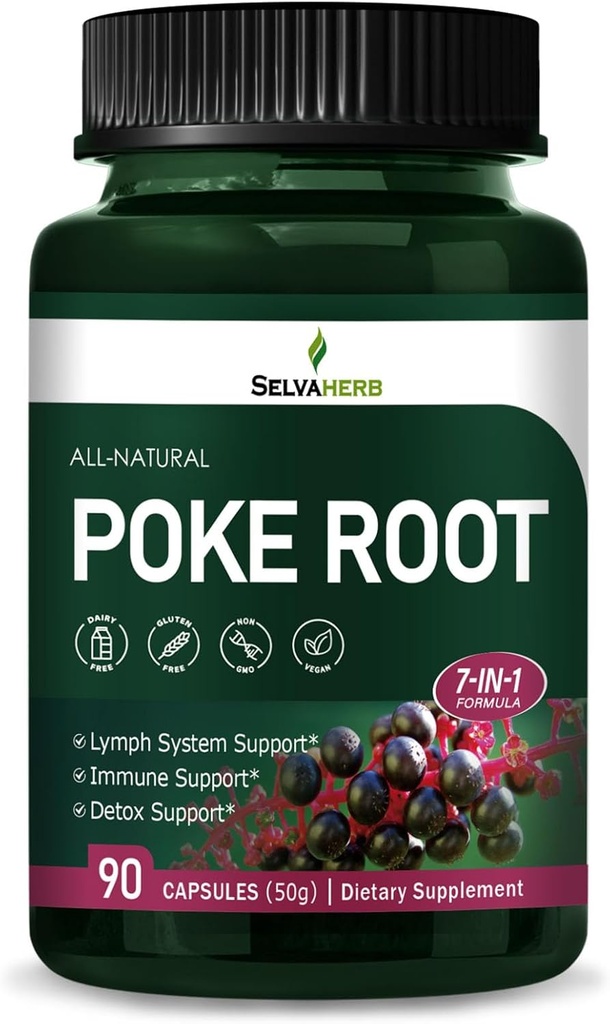 Capsules de racine de poke Suppléments de drainage lymphatique, support du système lymphatique pour Edema avec extrait de racine rouge, Dandelion pour Immune Boost & Lymph Detox Cleanse. 90 Compte