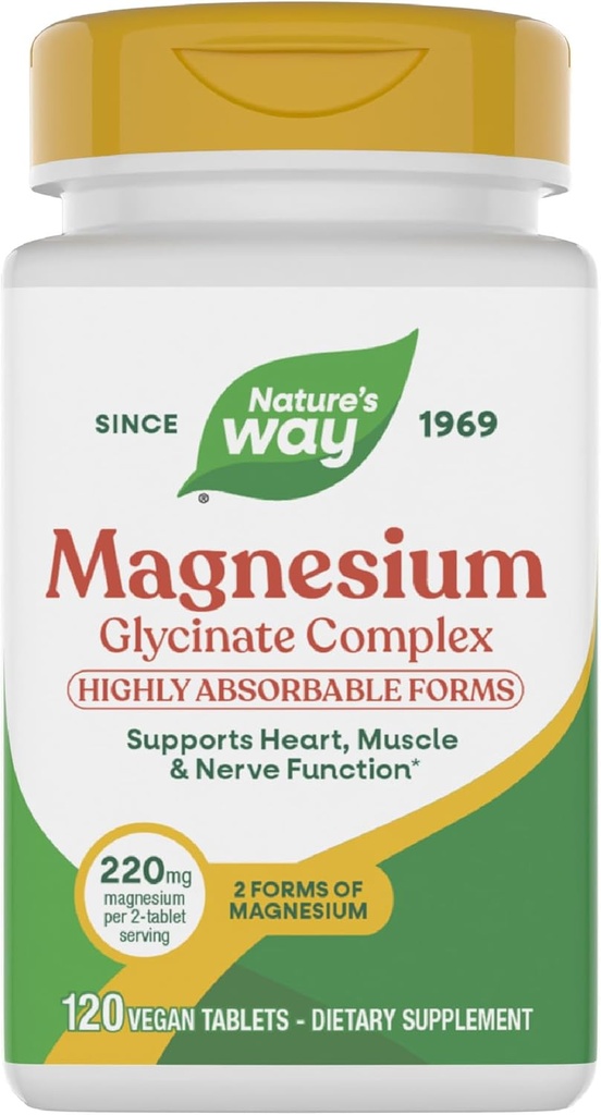 Nature's Way Magnésium Glycinate Complex, soutient le coeur, le muscle, la fonction nerveuse*, hautement absorbant, 220 mg par 2-Tablet Servition, sans gluten, végan, 120 comprimés (paquetage mai Vary)
