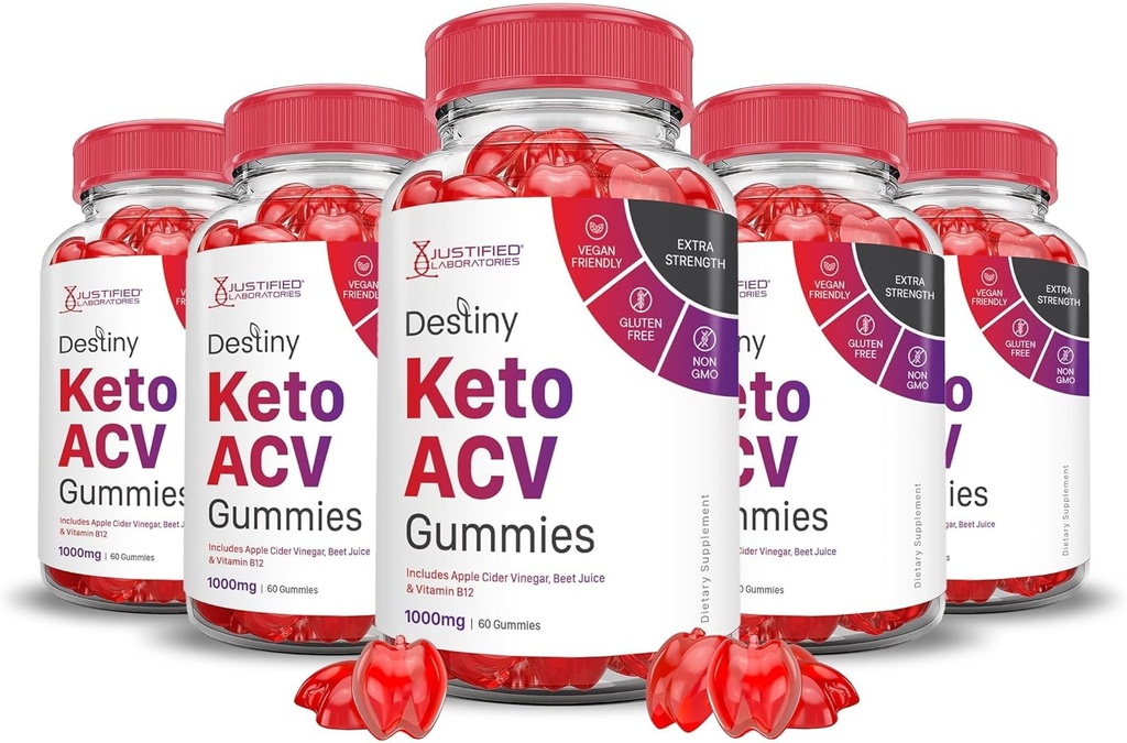 Laboratoires justifiés (5 Pack Destiny Keto ACV Gummies Advanced Formula 1000MG Destiny Keto Gummies vinaigre de cidre de pomme préparé avec du jus de pomme de grenade poudre B12 Vegan Non OGM 300 Gummys