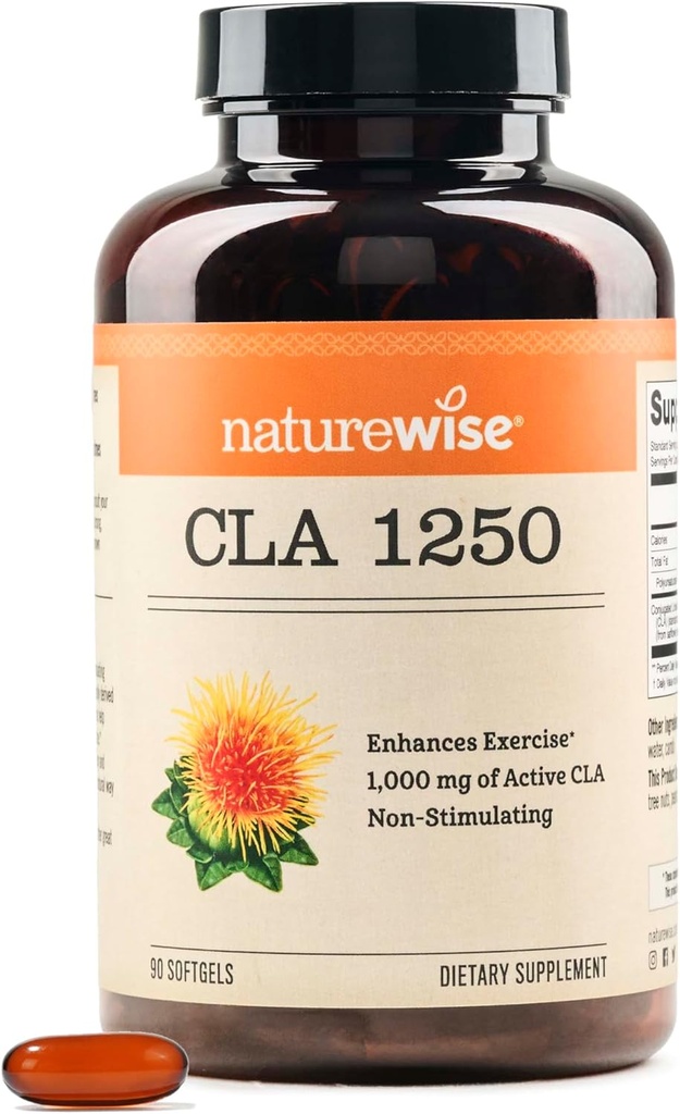 NatureWise CLA 1250 - Supplément d'acide linoléique conjugué pour les femmes et les hommes, ne stimulant pas, soutient le poids santé, objectifs de fitness - Non-OGM, sans gluten - 90 Softgels[1-Mois]