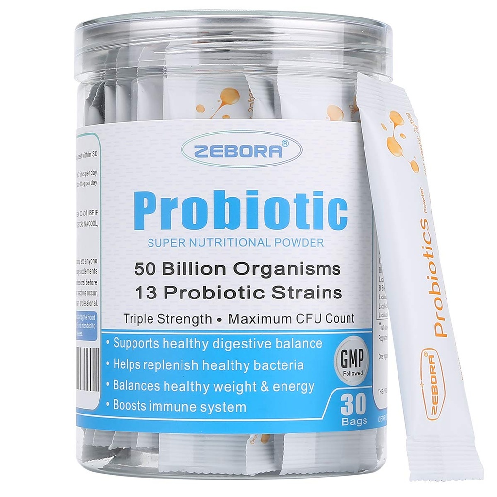 ZEBORA Probiotiques pour les femmes, les hommes et les enfants, les prébiotiques et les probiotiques Poudre pour la santé digestive et immunitaire Gut - Soutenir un système respiratoire sain sans gluten et non OGM, 30 paquets