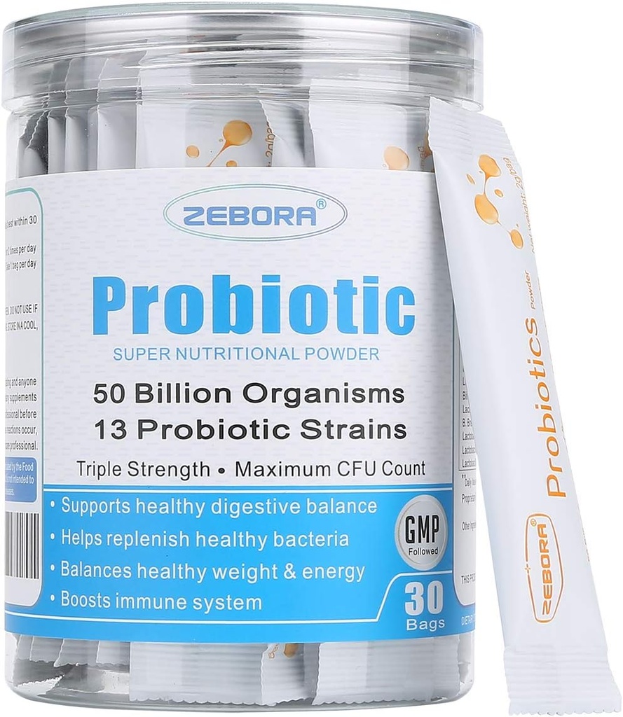 ZEBORA Probiotiques pour les femmes, les hommes et les enfants, les prébiotiques et les probiotiques Poudre pour la santé digestive et immunitaire Gut - Soutien santé-respiratoire-système sans gluten et non OGM, 30 paquets