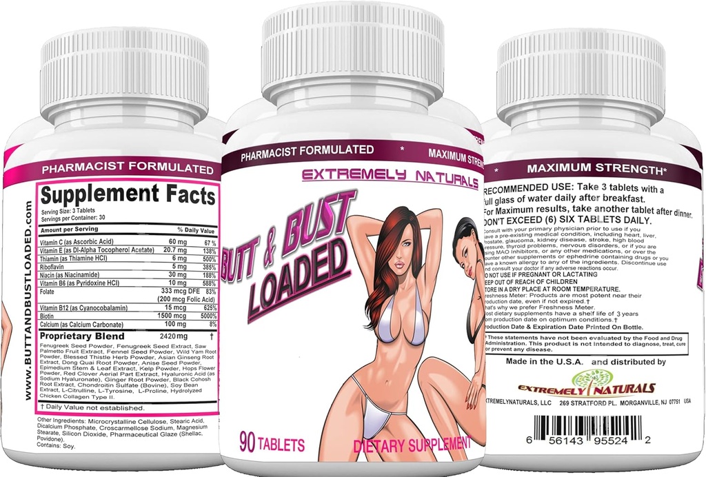 Butt & Bust Loaded, Best Breast Enlargement, Butt Enlargement & Skin Strightening Pills - Natural Bust & Butt Enhancement - Female Body Augmentation – Obtenez plus complet, plus ferme seins, booty & Skin. 90 Tabs