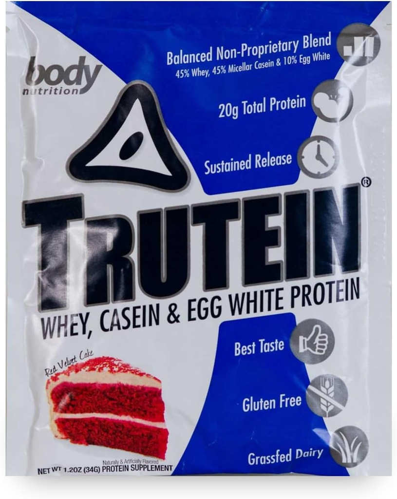 Alimentation corporelle Trutein Poudre à haute teneur en protéines : 45 % Whey, 45 % Caséine, 10 % Blanc d'oeuf, Sans gluten, Faible teneur en sodium, Poudre de protéines de lactosérum, Supplément de gymnastique et petit déjeuner Shake, Cake de velours rouge, 34g Échantillon