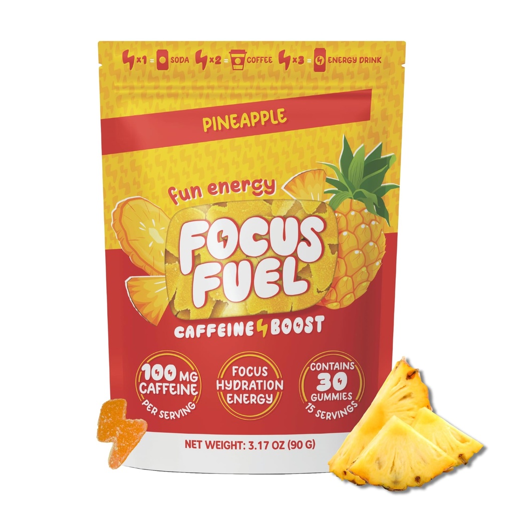 FocusFuel Energy Chews – Pineapple Flavor (15 portions) – 100mg Caféine + Alpha GPC + L-Theanine + B12, Magnésium – Boost énergétique tropical – Pas de crash ou de jitters