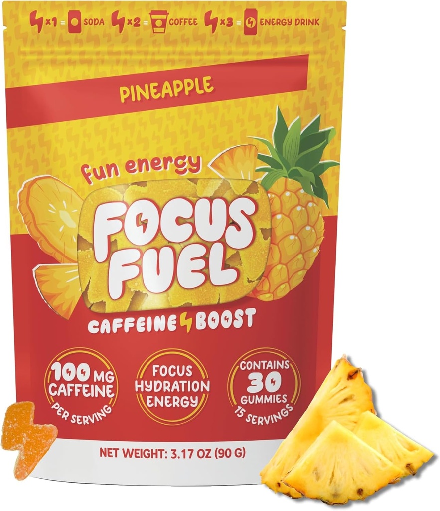FocusFuel Energy Chews – Pineapple Flavor (15 portions) – 100mg Caféine + Alpha GPC + L-Theanine + B12, Magnésium – Boost énergétique tropical – Pas de crash ou de jitters