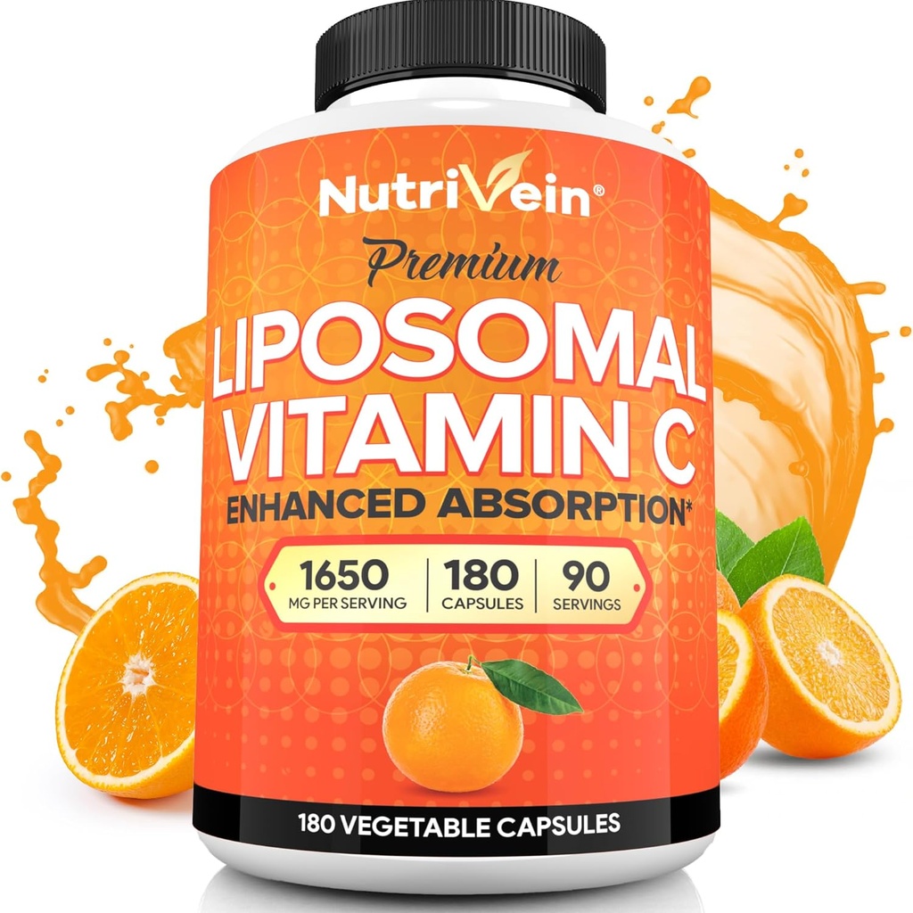 Nutrivein Premium supplément de vitamine C liposomique 1650mg - 180 capsules: haute absorption haute dose de vitamine C capsules pour défenses de corps entiers et le bien-être général