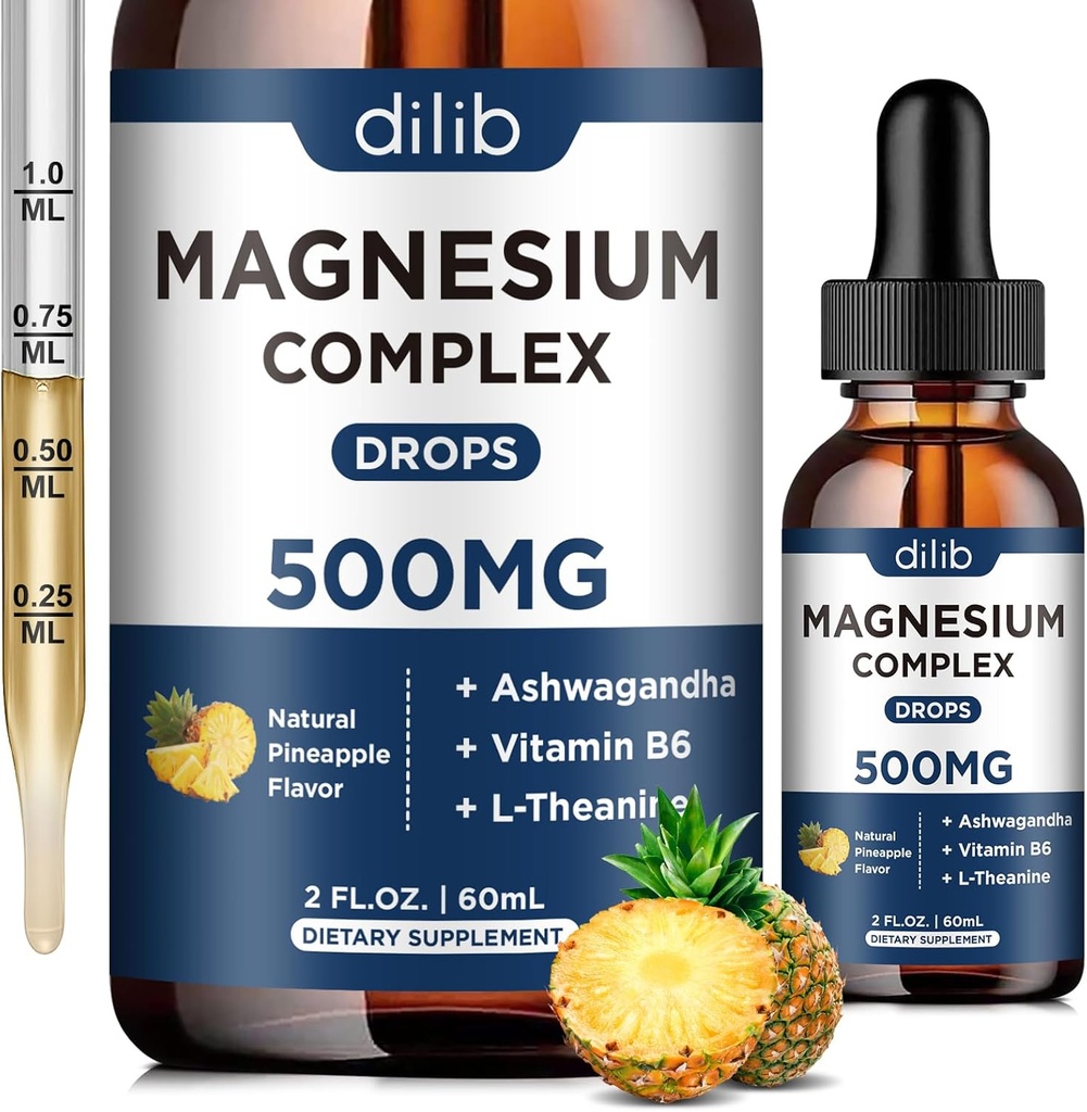 Supplément triple complexe de magnésium-glycinate de magnésium, citrate, gouttes liquides de malate 500mg avec Ashwagandha, L-Theanine, vitamine B6 pour calme, soulagement du stress, sommeil, soutien musculaire-pineapple