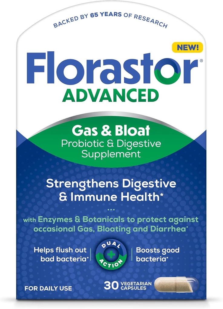 Florastor Advanced Gas et Bloat Probiotic, enzymes digestives et botaniques, plus probiotiques pour la santé digestive, 30 capsules