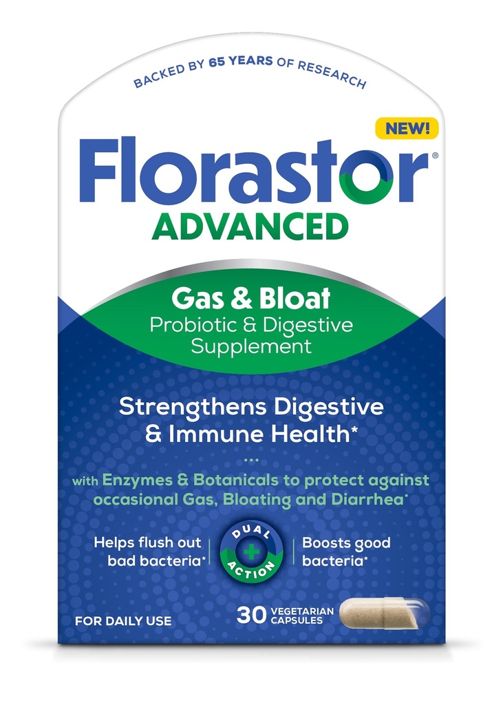 Florastor Advanced Gas et Bloat Probiotic, enzymes digestives et botaniques, plus probiotiques pour la santé digestive, 30 capsules