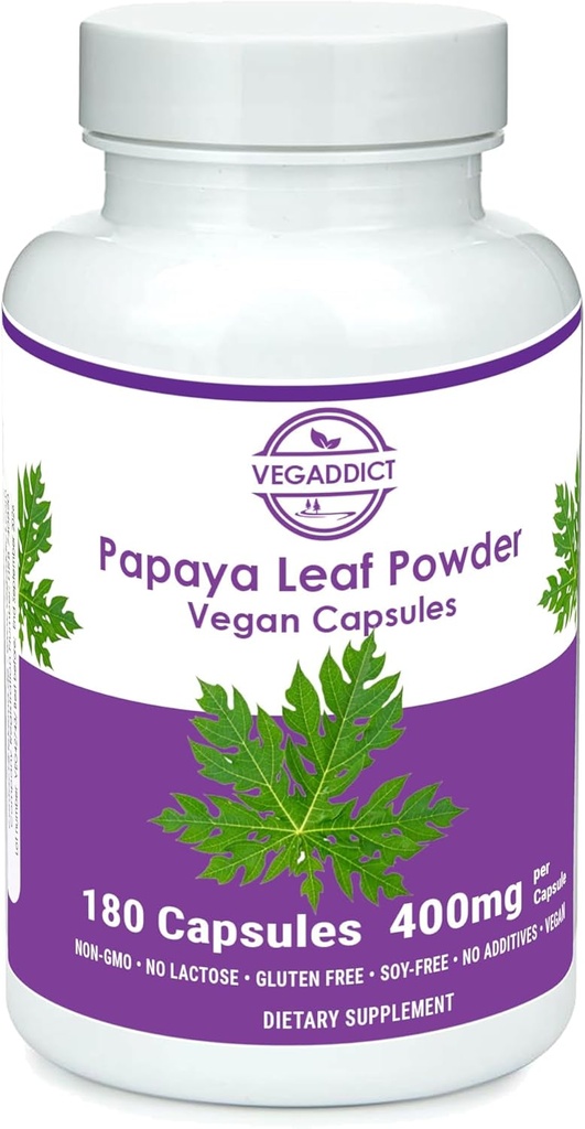 Papaya Poudre de feuille: 340mg Capsules: Ethycally source: Support plaquettaire: Sans gluten et lactose: Sans soja: Pas d'additifs: Non-OGM: Supplément alimentaire: Supplément alimentaire: (180X)