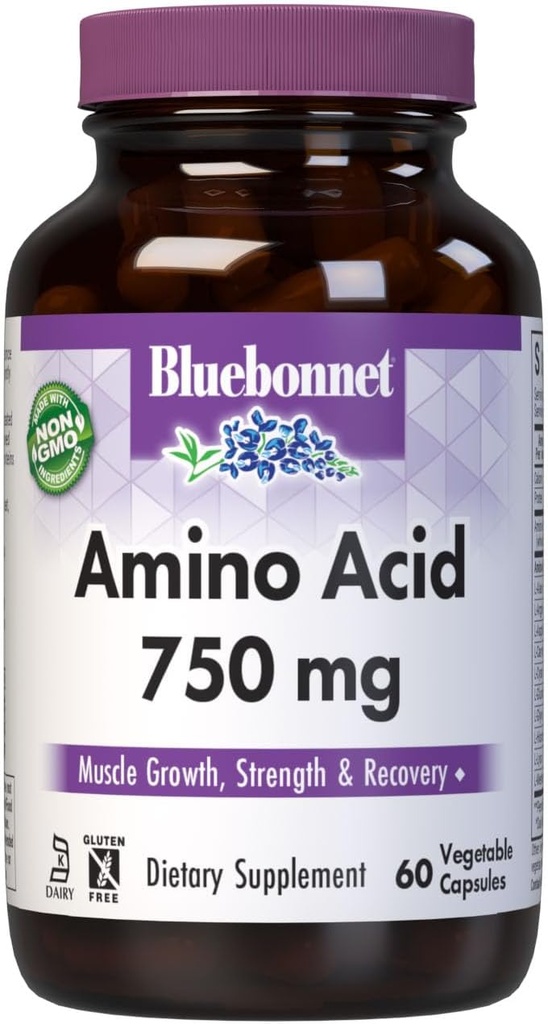 Bluebonnet Nutrition Amino Acid 750mg, haute puissance, pour la santé musculaire*, sans soja, sans gluten, sans OGM, laiterie casher, blanc 60 capsules végétales, 15 portions