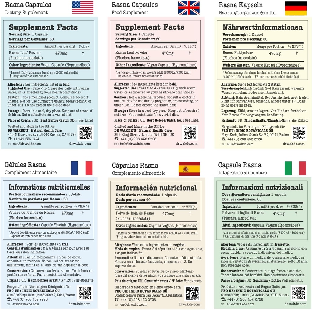 DR WAKDE'S Rasna Capsules (Pluchea lanceolata, 60 Veg Caps, Supplément à base de plantes, Herbe ayurvédique, tout naturel, végétalien)