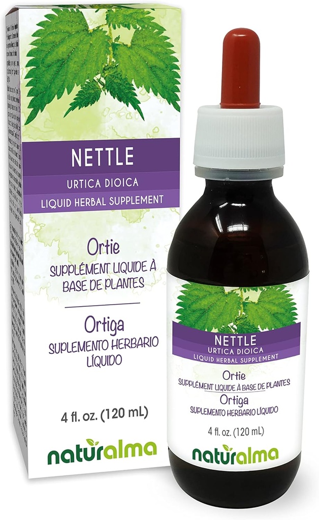 Naturalma Nettle (Urtica dioica) Teinture sans alcool à la feuille et à la racine - 4 fl oz Extrait liquide dans les gouttes - Supplément à base de plantes - Vegan