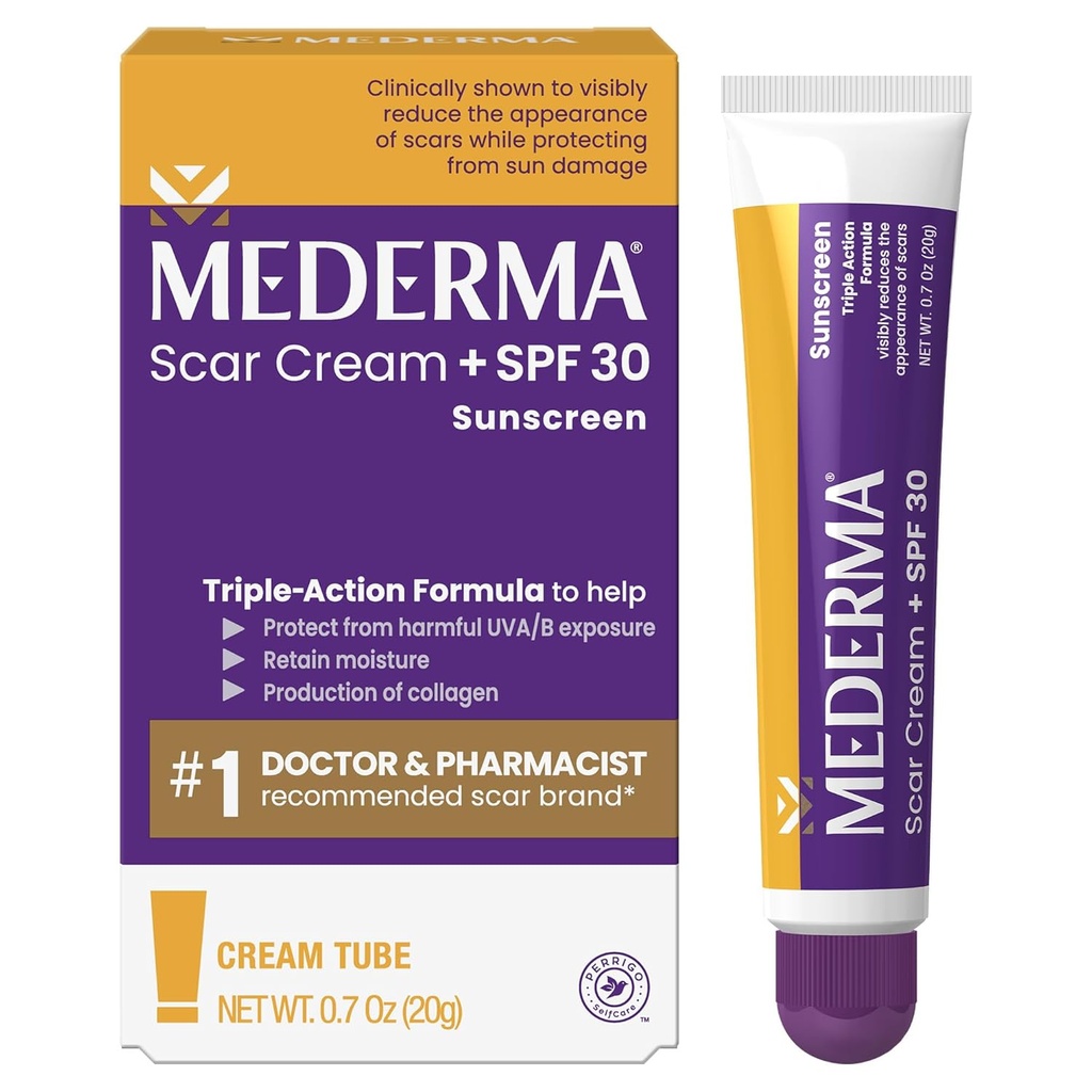 Crème de cicatrice Mederma Plus SPF 30 - Traitement avancé des cicatrices, protège contre les dommages du soleil, réduit l'apparition des cicatrices de l'acné, des brûlures, de la chirurgie et des blessures, 0,7 oz