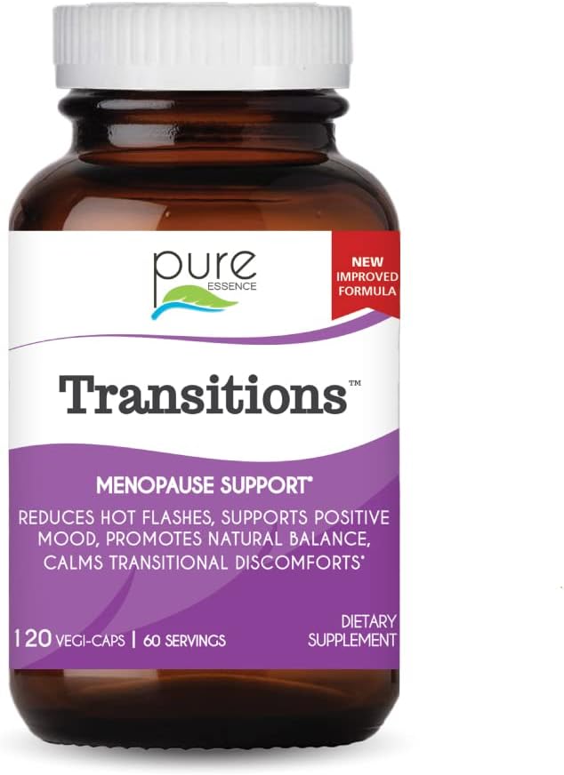 Pure Essence Labs Transitions Vitamines pour les femmes, Supplément naturel de soulagement de la ménopause pour promouvoir l'équilibre hormonal, réduire les éclairs chauds, les échangismes d'humeur et la sueur nocturne, 120 capsules