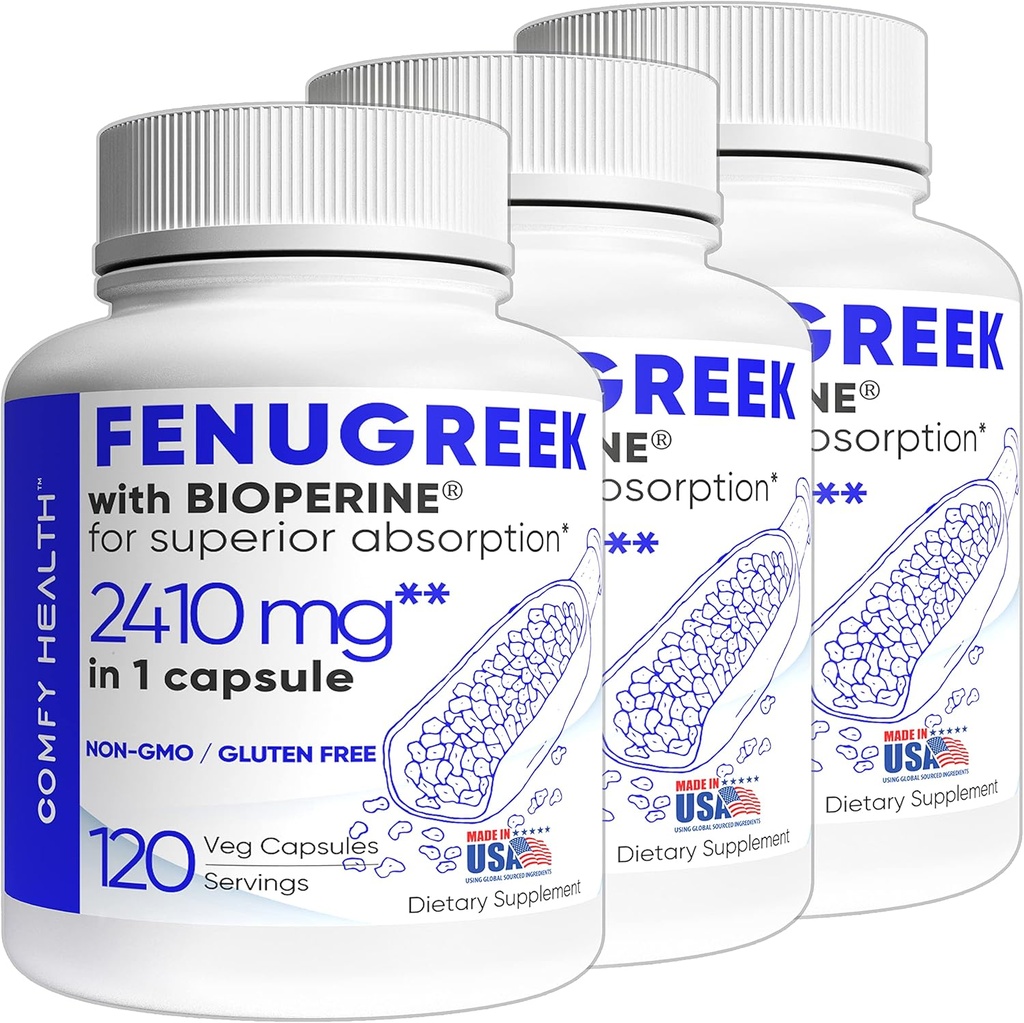 Fenugreek Capsules, 2410 mg, 360 Servings, Fenugreek Pills with BioPerine® for Superior Absorption, Non-GMO, Gluten Free Fenugreek Seeds Extract Supplements, Fenogreco Capsulas