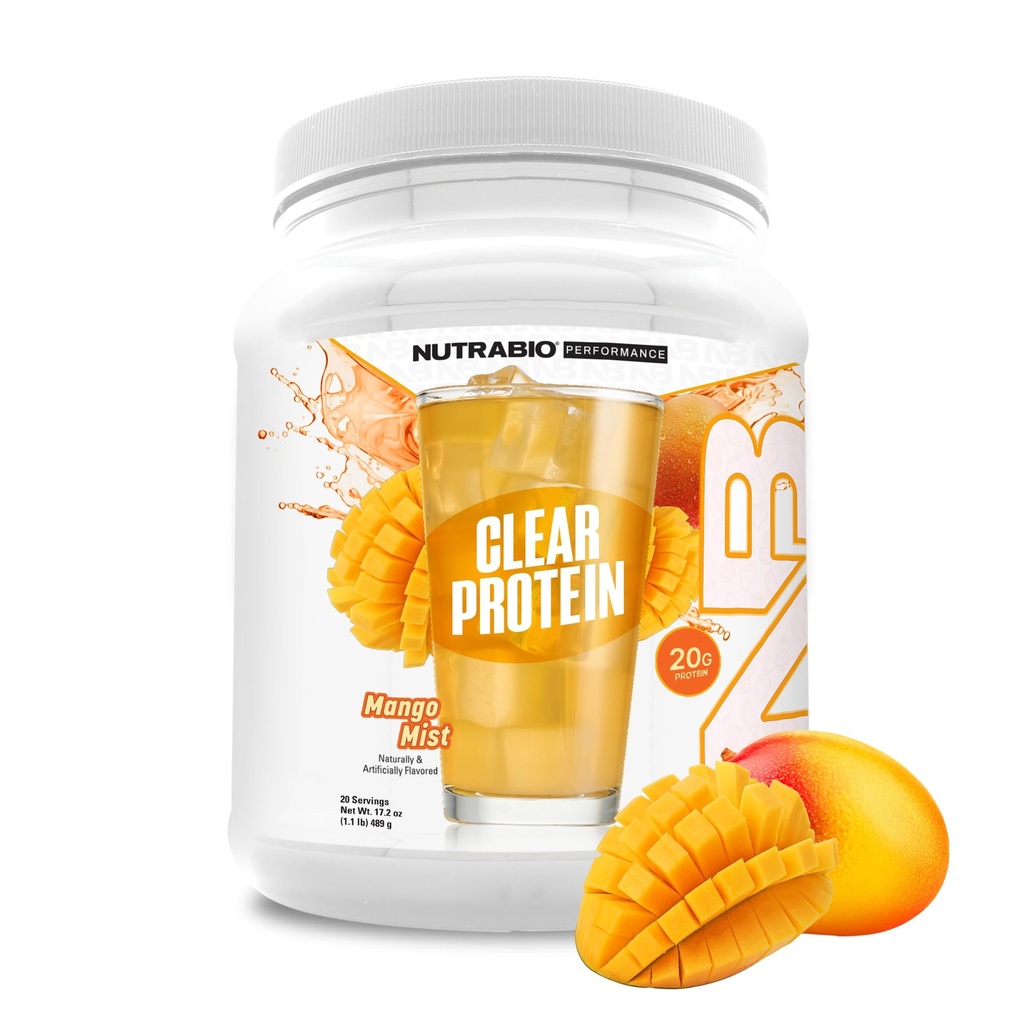 NutraBio poudre de protéines claires, Mango Mist - 20 portions, 20g d'isolat de protéines de lactosérum clair, 0 sucre, 0g de lactose, arômes de fruits rafraîchissants, GLP1 Support - Santé osseuse - Récupération après entraînement musculaire