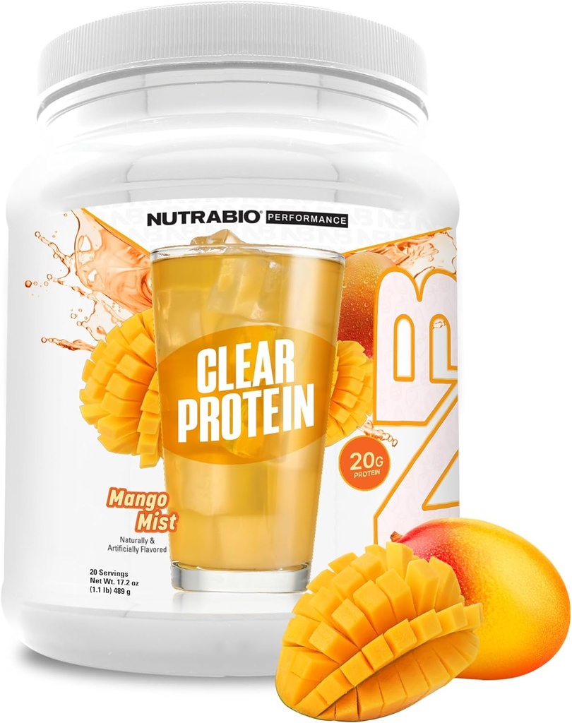 NutraBio poudre de protéines claires, Mango Mist - 20 portions, 20g d'isolat de protéines de lactosérum clair, 0 sucre, 0g de lactose, arômes de fruits rafraîchissants, GLP1 Support - Santé osseuse - Récupération après entraînement musculaire