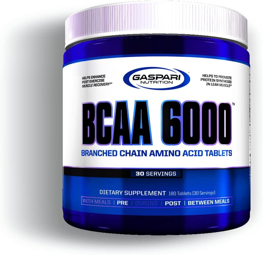 Gaspari Nutrition, BCAA 6000, Comprimés en chaîne d'acide aminé, Diminution de la douleur musculaire et de la fatigue, Optimiser la performance sportive aérobique et anaérobie (30 portions)
