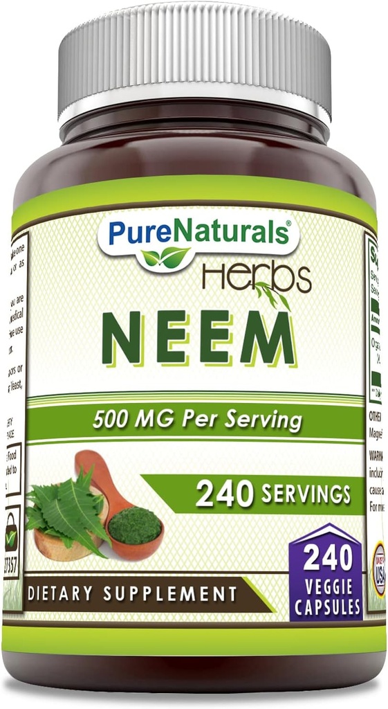Pure Naturals Neem (Made with Natural Neem Leaf) | 500 Mg per Serving 240 Veggie Capsules Supplement | Non-GMO | Gluten Free | Made in USA | Ideal for Vegetarians