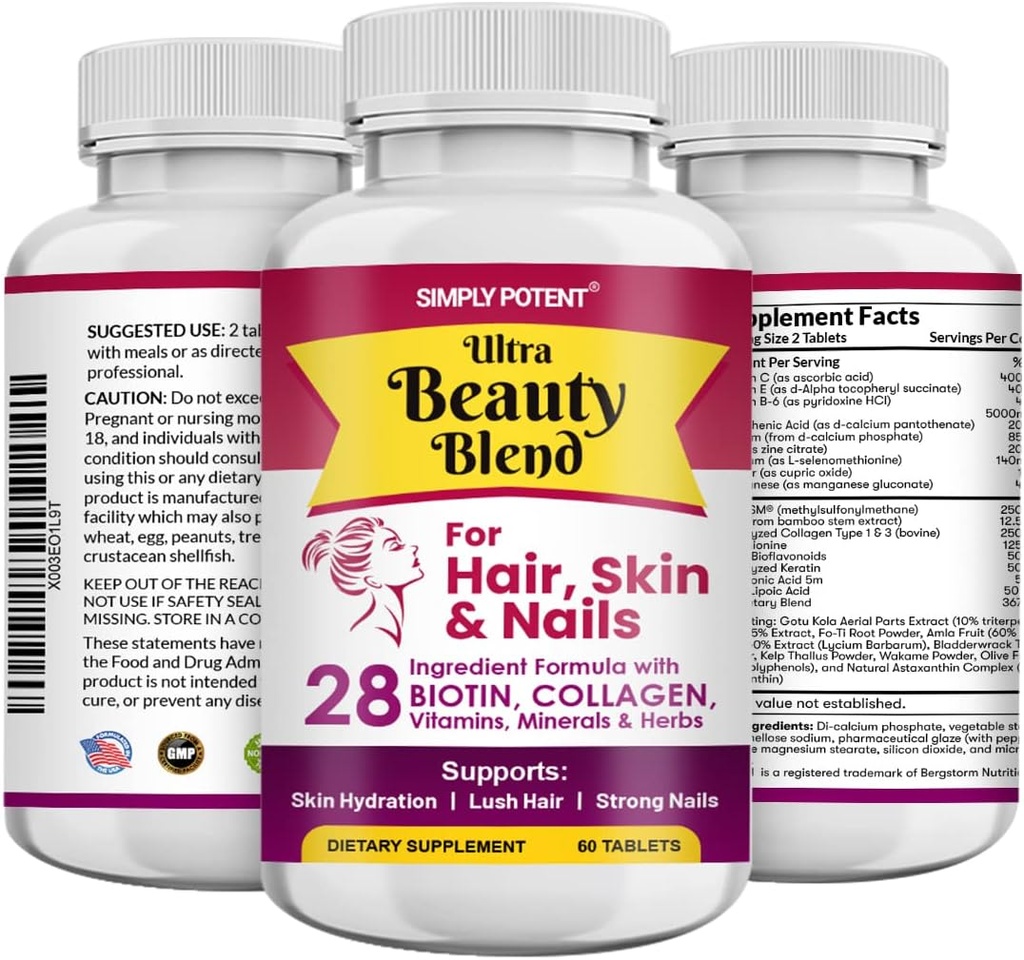 Simply Potent Hair Skin and Nails Vitamins, 28 Ingredient Anti-Aging Natural Supplement, Biotin 5000mcg for Hair & Nails, Keratin & MSM for Hair Growth, Collagen & Hyaluronic Acid for Skin, 60 Tablets