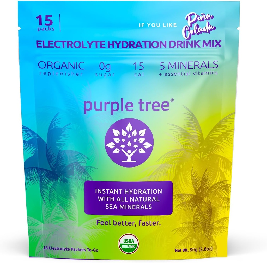 Pâtes d'hydratation pour l'électrolyte biologique de l'arbre violet – Pina Colada Flavor, bâtons d'hydratation liquide sans sucre pour une réhydratation rapide, mélange quotidien d'électrolyte pour le soulagement de la déshydratation, 15 boîtes à emporter