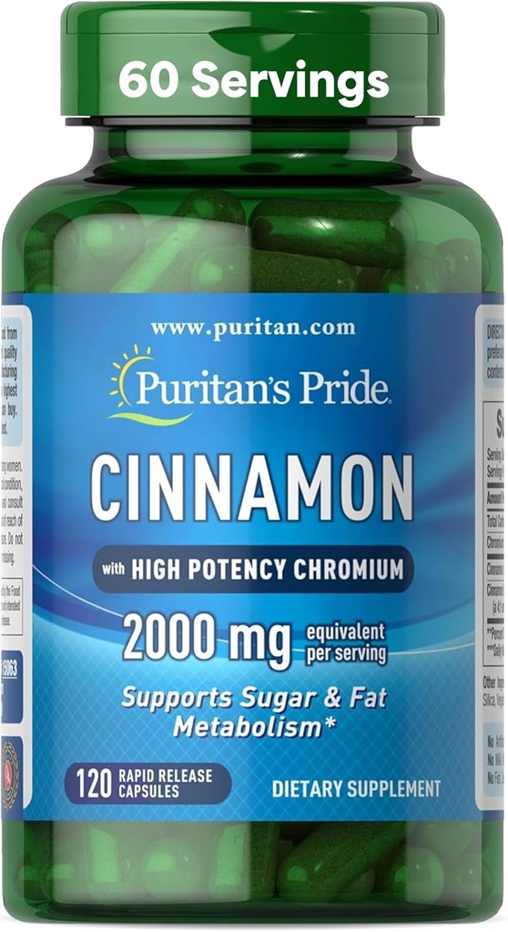 Puritan's Pride Cinnamon 875 mg (équivalent de 2000 mg) avec le chrome de haute puissance, soutient le sucre, les graisses et le métabolisme des nutriments sains, énergie cellulaire, 2 mois d'approvisionnement, 120 capsules à libération rapide