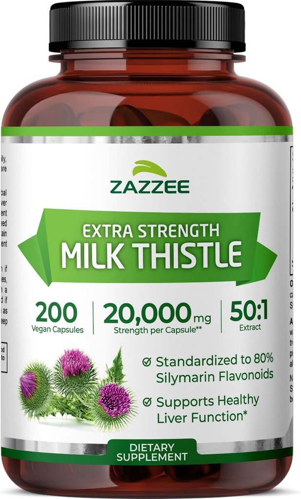Thistle de lait biologique Zazzee 50:1 Extrait, 20 000 mg Résistance, 200 Capsules Vegan, 80% Silymarin Flamonoïdes, plus de 6 mois d'approvisionnement, extrait 50X normalisé et concentré, tout naturel et non-OGM