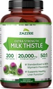 Thistle de lait biologique Zazzee 50:1 Extrait, 20 000 mg Résistance, 200 Capsules Vegan, 80% Silymarin Flamonoïdes, plus de 6 mois d'approvisionnement, extrait 50X normalisé et concentré, tout naturel et non-OGM