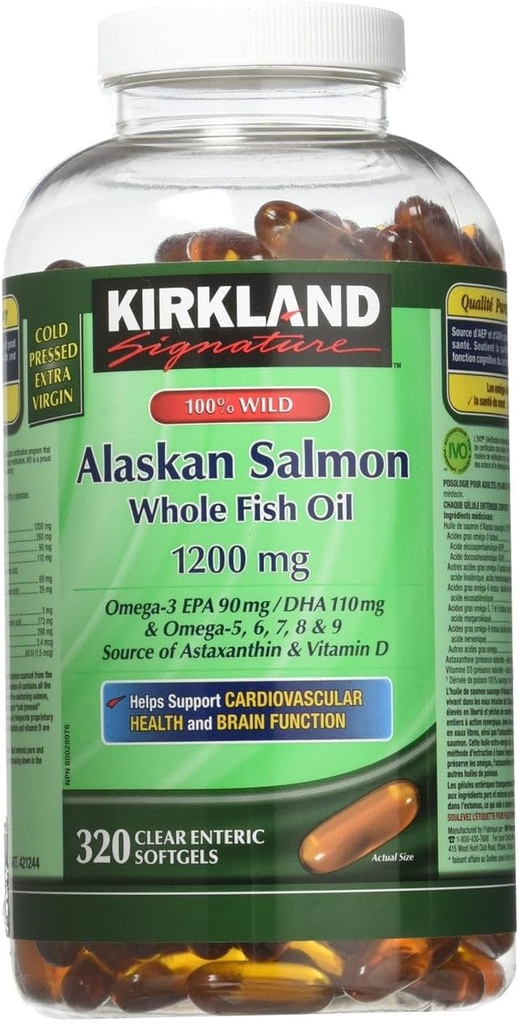 Kirkland Signature Huile de saumon sauvage de l'Alaska 90 EPA 110 DHA 1200mg - 320 Softgels enrobés d'entérique