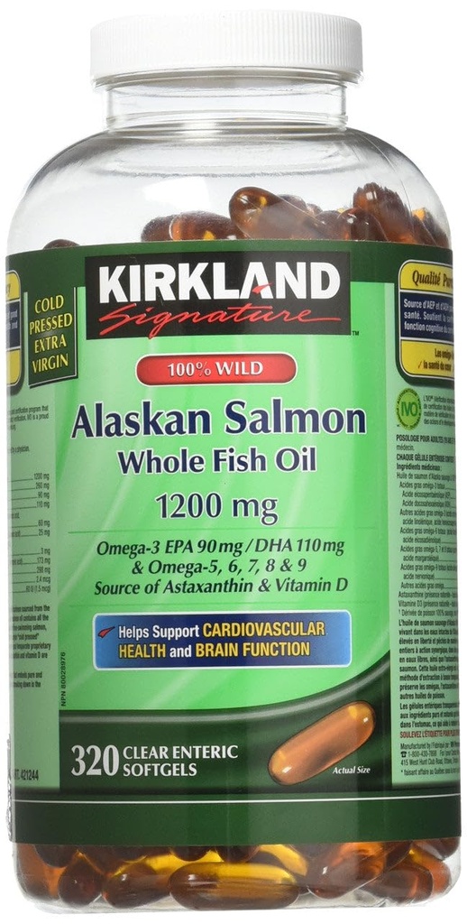Kirkland Signature Huile de saumon sauvage de l'Alaska 90 EPA 110 DHA 1200mg - 320 Softgels enrobés d'entérique