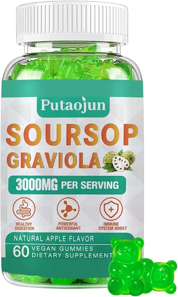 Soursop Graviola Gummies de 2000mg Soursop feuilles extrait pour le digestif, le soutien cellulaire, le soutien immunitaire et l'antioxydant de haute-absorption de l'huile d'olive, végétalien, 60 Gummies