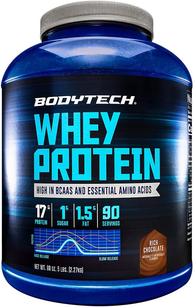 BodyTech Whey Protein - avec 17 grammes de protéines par service idéal pour la construction musculaire après l'entraînement, contient du lait et du soja - chocolat riche (5 livres)
