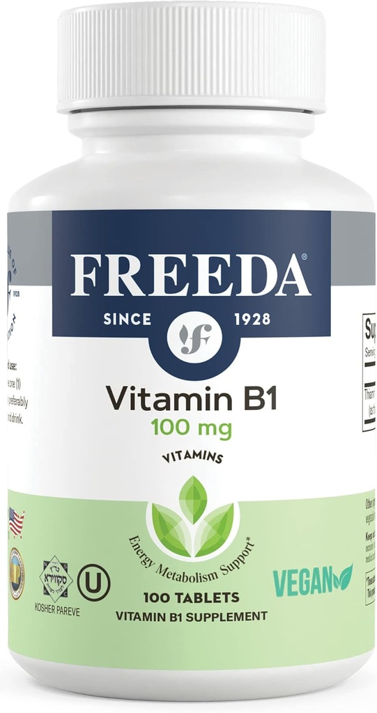Freeda Vitamine B1 Thiamine 100mg - soutient le métabolisme énergétique, santé du système nerveux - Casher, végétalien, sans gluten - Thiamin HCl 100 mg Vitamine B 1 - Vit pur B1 Vitamine Thiamine B1 Supplément (100 Ct)