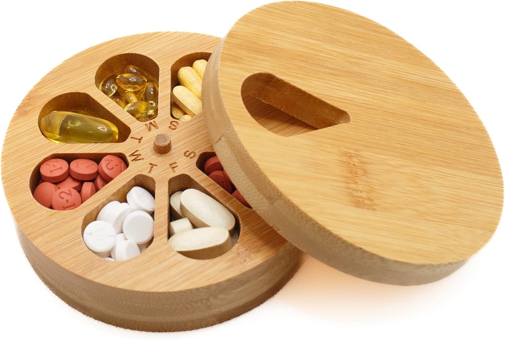 Organisateur de médicaments Wood Daily Weekly, Organisateur de pilules de voyage et titulaire de pilules, Boîte de cas de l'organisateur de pilules de vitamine, Journée de la pilule, Amélioration de la conception avec les jours de la semaine et Lis de bois solide