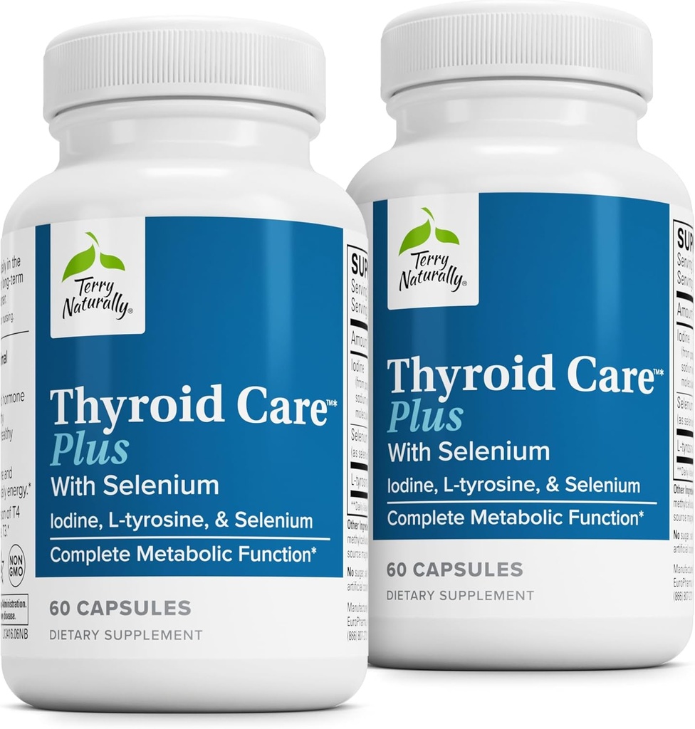 Terry Naturally Thyroïde Care Plus - Supplément pour aider Thyroïde - Supplément diététique pour l'énergie et le soutien des cheveux sains - Supplément avec L-Tyrosine et Sélénium - 60 Capsules (2 Pack)