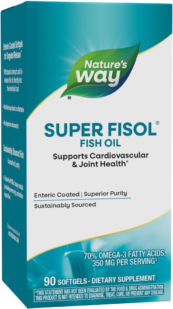 Nature's Way Super Fisol Fish Oil, Enteric Coated, soutient la santé cardiovasculaire et articulaire*, Mega Potency Omega-3s, 90 Softgels (paquetage May Vary)