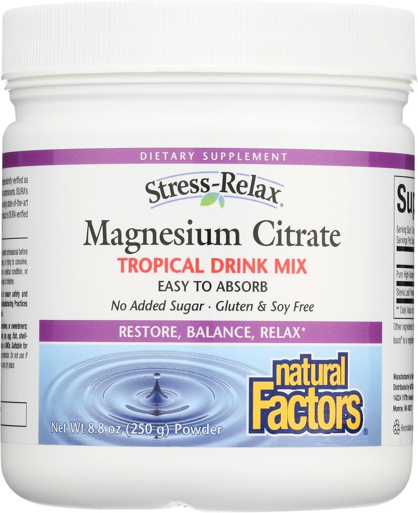 Stress-Relax Magnésium Citrate Drink Mix par des facteurs naturels, restaure les niveaux normaux de magnésium et équilibres Apport en calcium, non-OGM, Arôme tropical, 8,8 oz (75 portions)