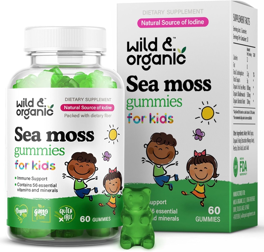 Wild & Organic Irish Sea Moss Gummies for Kids 800mg - Soutien immunitaire avec Bladderwrack - Vegan Sea Moss Gel Chews pour le soutien global - 60 Gummes de Gel sans OGM