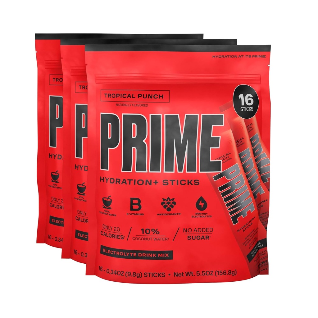HYDRATION PRIME+ Sticks Tropical Punch (en anglais seulement) Poudre d'hydratation Bâtons à usage unique (en anglais seulement) Poudre d'électrolyte sur le go (en anglais seulement) 250mg BCAA, B Vitamines, Antioxydants (en anglais seulement) Faible sucre (en anglais seulement) Sans caféine (en anglais seulement) Vegan (en anglais seulement) 48 Sticks
